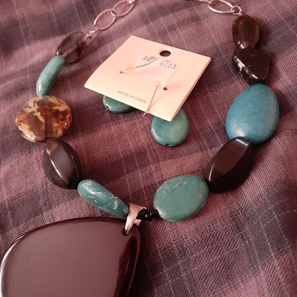 Necklace Earings Set Turquoise Colours Stone Shapes Artificial - Picture 4 of 16